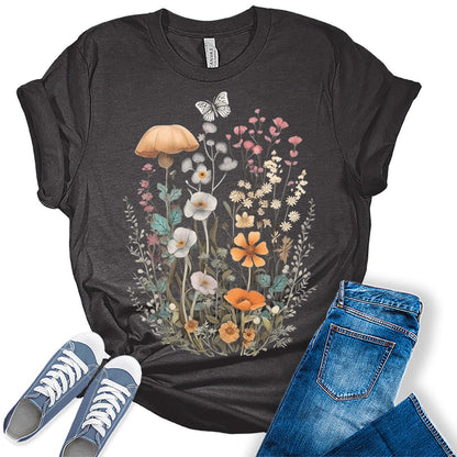 Wildflower Floral Flowercore Mushroom Butterfly T-shirt For Women