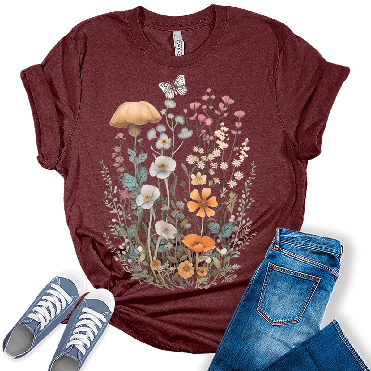 Wildflower Floral Flowercore Mushroom Butterfly T-shirt For Women