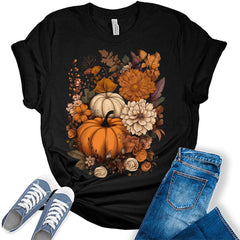 Pumpkin Floral Womens Fall Thanksgiving T-shirt