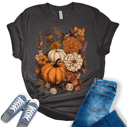 Cottagecore Shirt Floral Pumpkin Tshirt Fall Thanksgiving Graphic Tees for Women