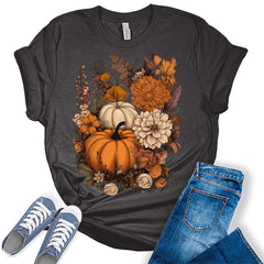 Pumpkin Floral Womens Fall Thanksgiving T-shirt