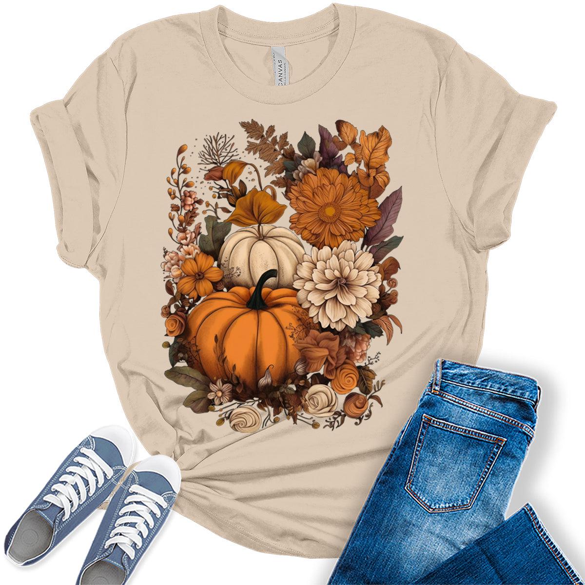 Cottagecore Shirt Floral Pumpkin Tshirt Fall Thanksgiving Graphic Tees for Women