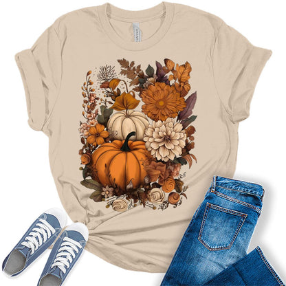 Cottagecore Shirt Floral Pumpkin Tshirt Fall Thanksgiving Graphic Tees for Women