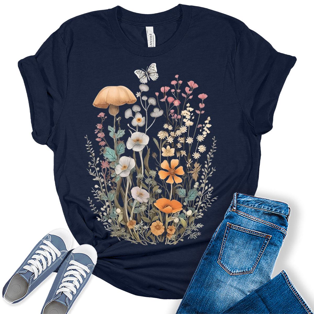 Wildflower Floral Flowercore Mushroom Butterfly T-shirt For Women