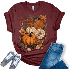 Pumpkin Floral Womens Fall Thanksgiving T-shirt