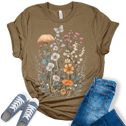 Wildflower Floral Flowercore Mushroom Butterfly T-shirt For Women