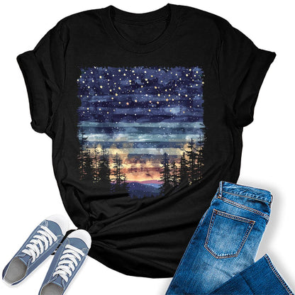 Women's Northern Lights Night Forest Camping Graphic Tees