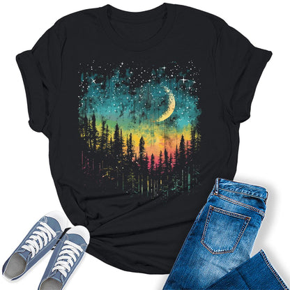 Women's Crescent Northern Lights Camping Forest Graphic Tees