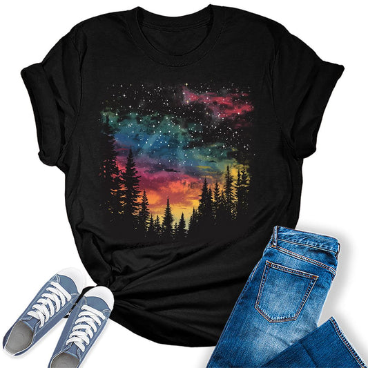 Women's Camping Northern Lights Forest Graphic Tees