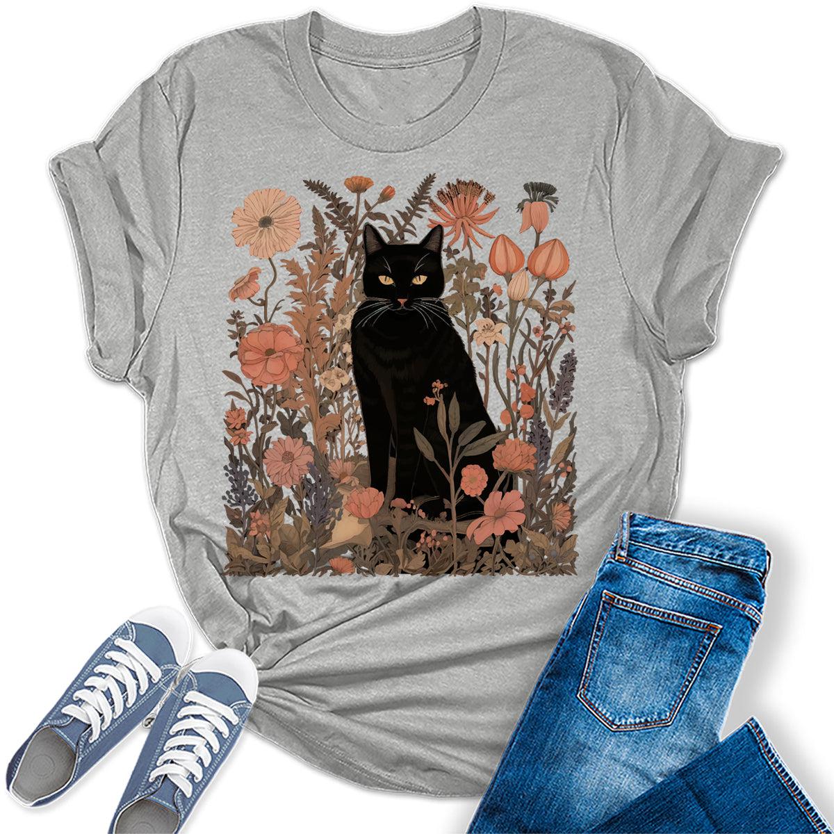 Women's Black Cat Wildflower Graphic Tees