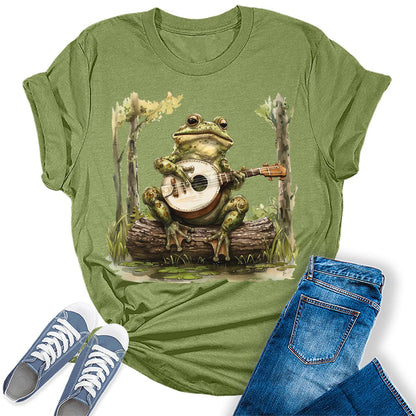 Women's Cottagecore Frog Playing Guitar Graphic Tees