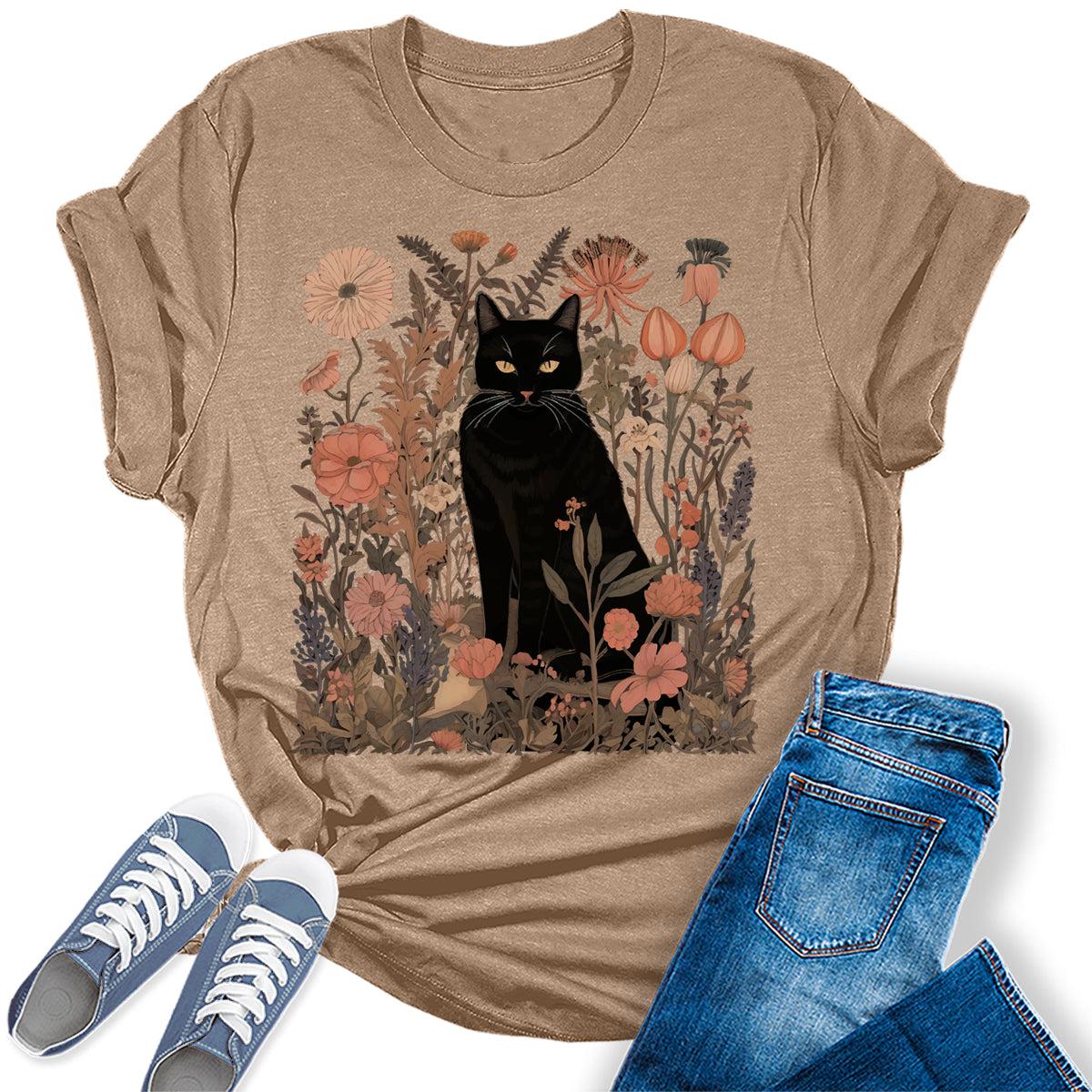 Women's Black Cat Wildflower Graphic Tees