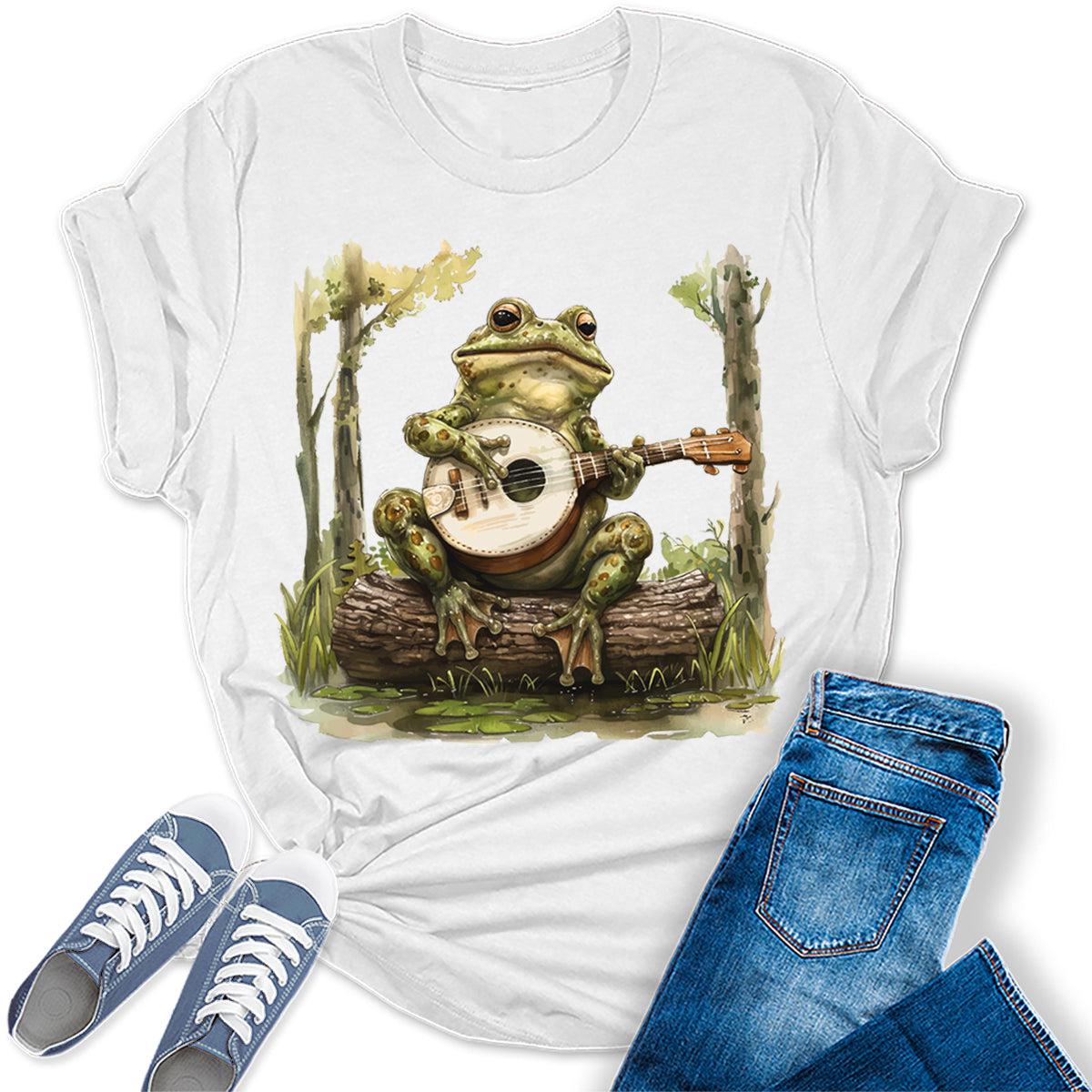 Women's Cottagecore Frog Playing Guitar Graphic Tees