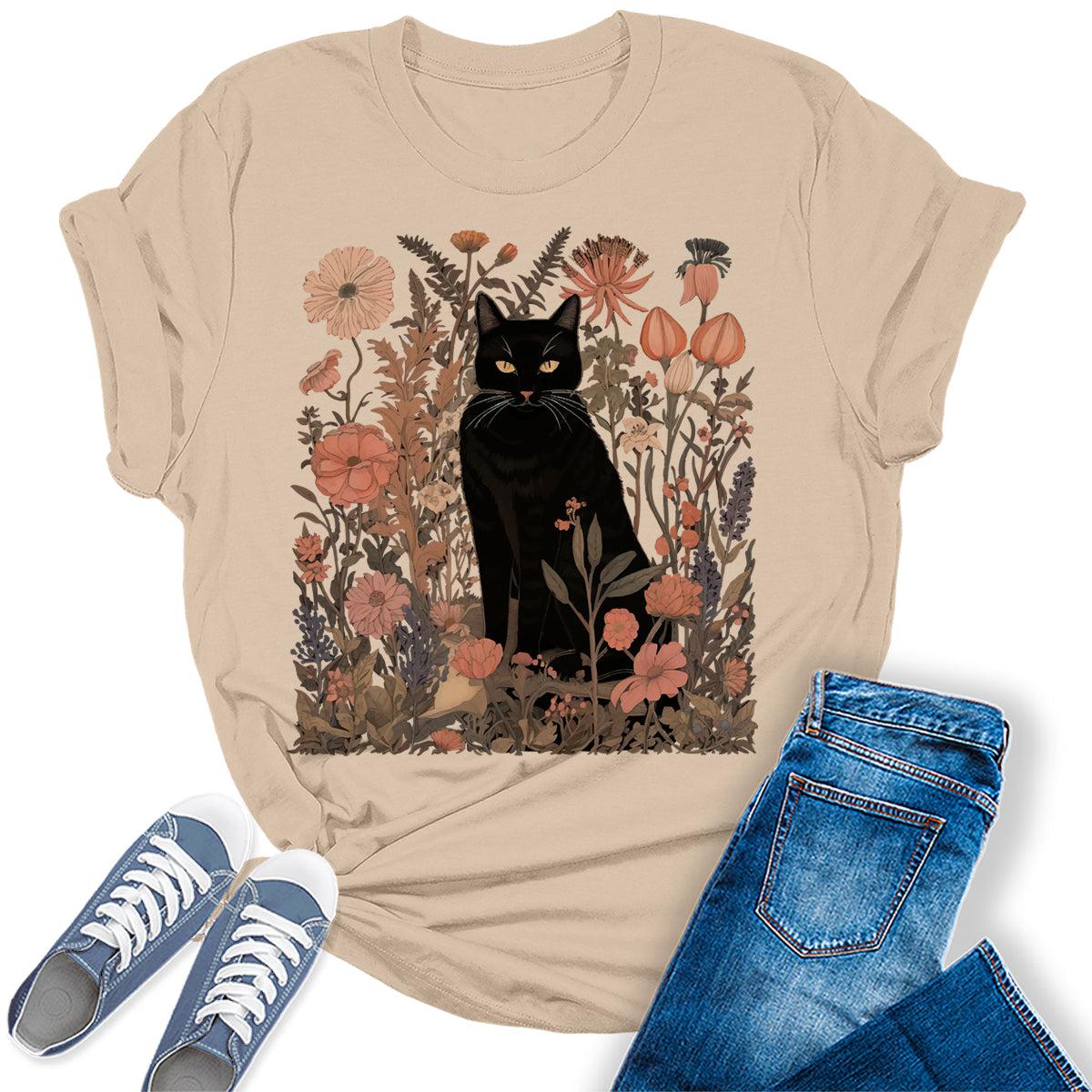 Women's Black Cat Wildflower Graphic Tees