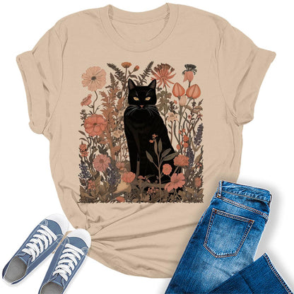 Women's Black Cat Wildflower Graphic Tees