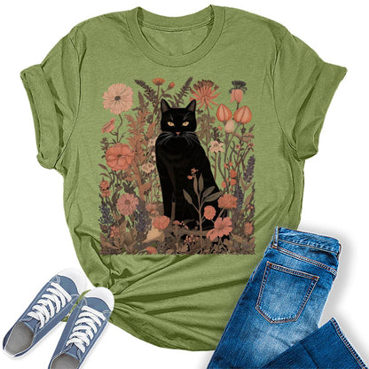 Women's Black Cat Wildflower Graphic Tees