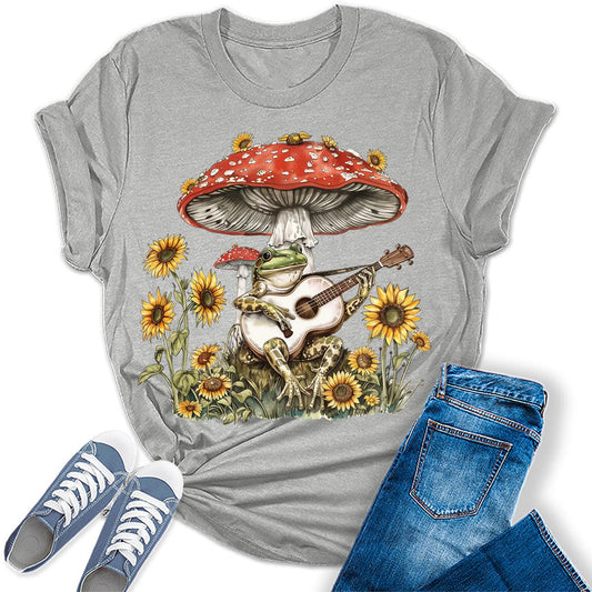 Women's Cottagecore Mushroom Frog Guitar Graphic Tees