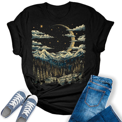 Women's Crescent Moon Night Hiking Camping Forest Graphic Tees