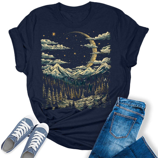 Women's Crescent Moon Night Hiking Camping Forest Graphic Tees