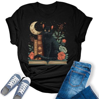 Women's Funny Bookworm Black Cat Graphic Tees