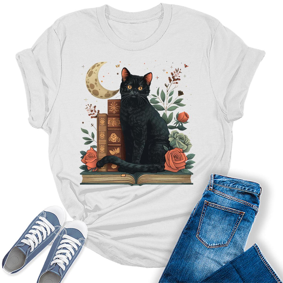 Women's Funny Bookworm Black Cat Graphic Tees