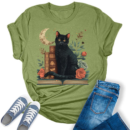 Women's Funny Bookworm Black Cat Graphic Tees