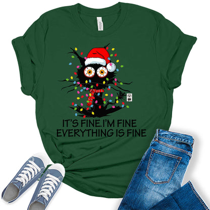 Women's Funny Christmas Shirt It's Fine I'm Fine Everything is Fine T Shirt Christmas Cat Holiday Graphic Tees