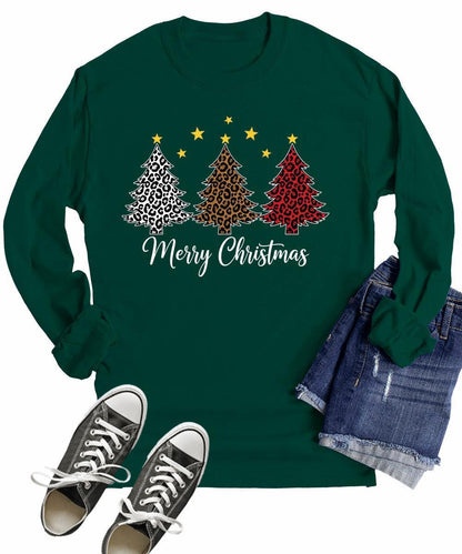 Long Sleeve Christmas Shirts For Women Xmas Merry Christmas Tree T Shirts Leopard Print Plus Size Tops
