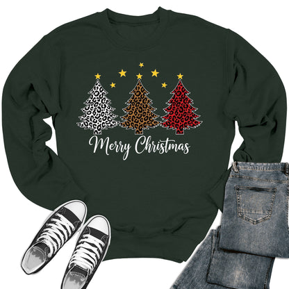 Merry Christmas Sweaters For Women Christmas Tree Leopard Print Holiday Long Sleeve Crewneck Tops