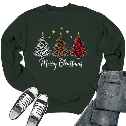 Merry Christmas Sweaters For Women Christmas Tree Leopard Print Holiday Long Sleeve Crewneck Tops