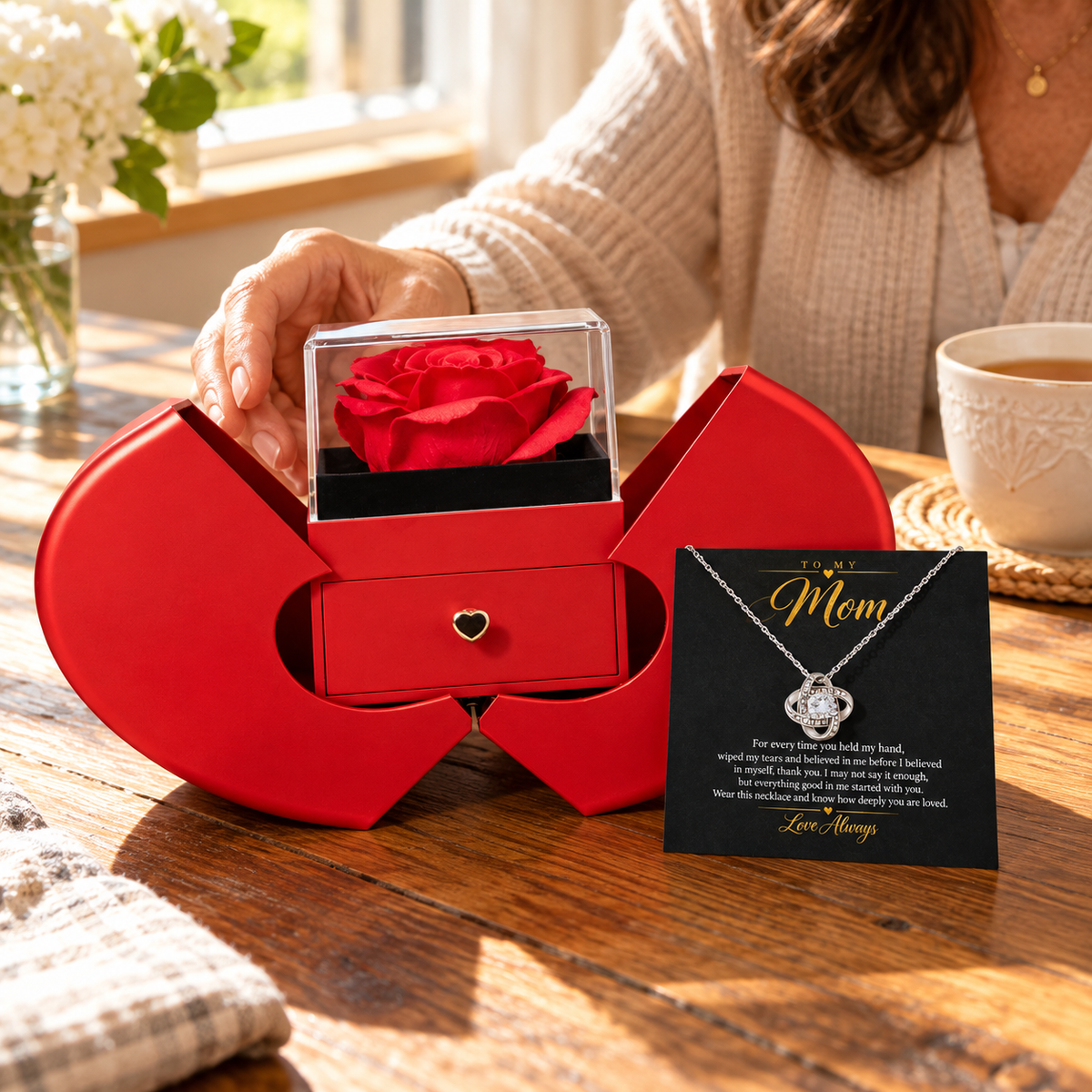 To My Mom Love Knot necklace in Heart Rose Box, White Gold Finish - lifestyle 1