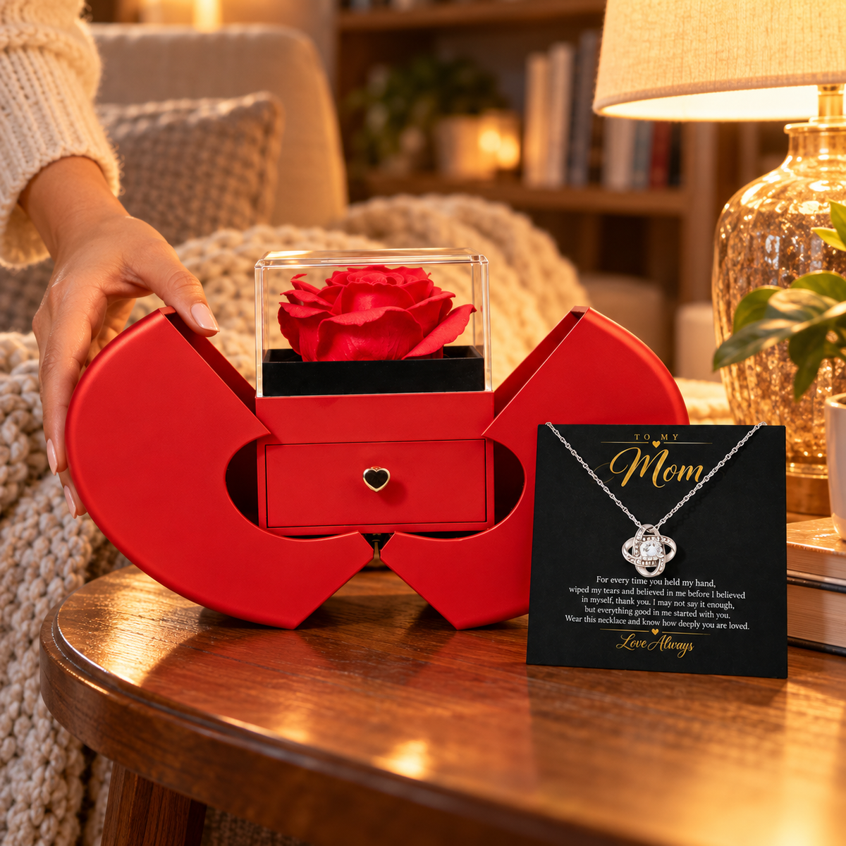 To My Mom Love Knot necklace in Heart Rose Box, White Gold Finish - lifestyle 2