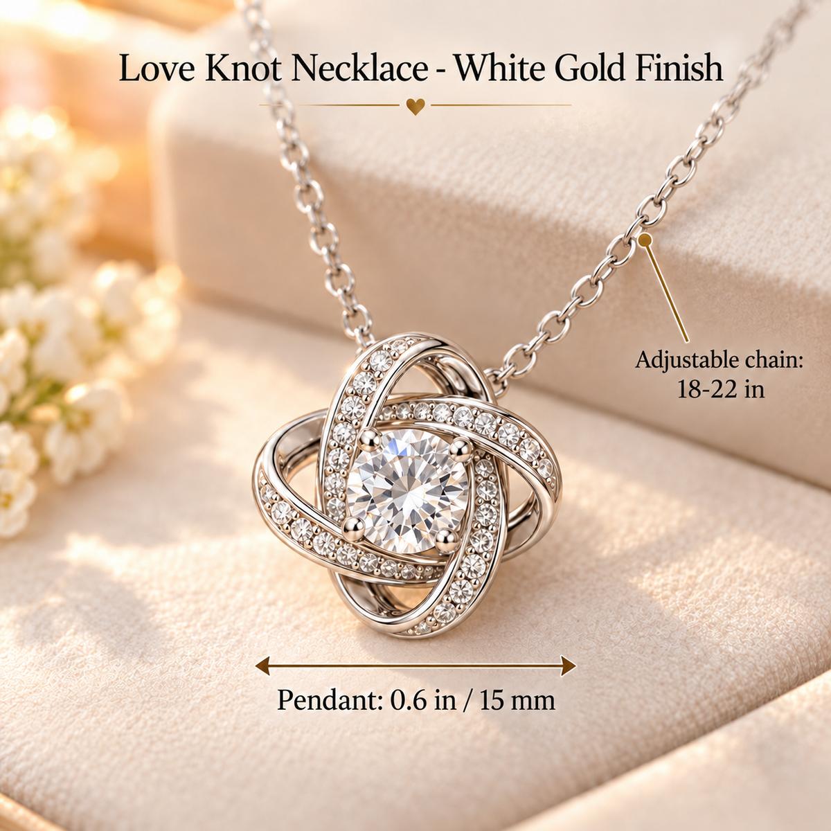 To My Mom Love Knot necklace in Heart Rose Box, White Gold Finish - close-up with size chart