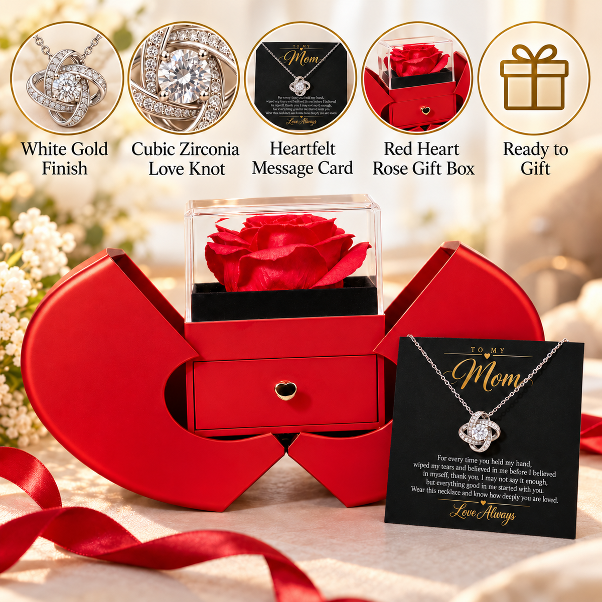 To My Mom Love Knot necklace in Heart Rose Box, White Gold Finish - features