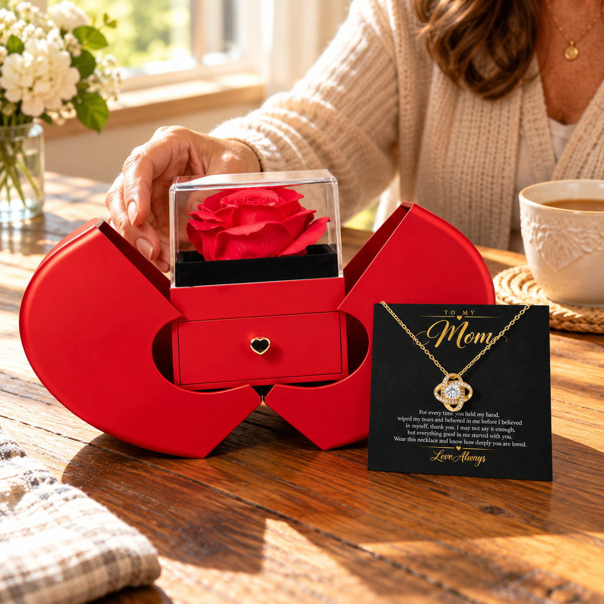 To My Mom Love Knot necklace in Heart Rose Box, Yellow Gold Finish - lifestyle 1