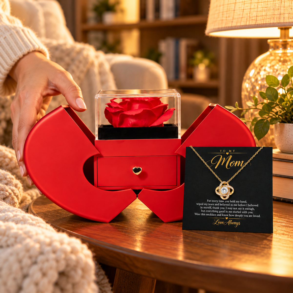 To My Mom Love Knot necklace in Heart Rose Box, Yellow Gold Finish - lifestyle 2