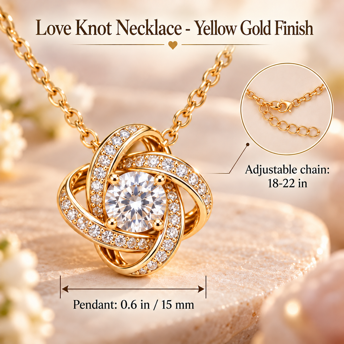 To My Mom Love Knot necklace in Heart Rose Box, Yellow Gold Finish - close-up with size chart
