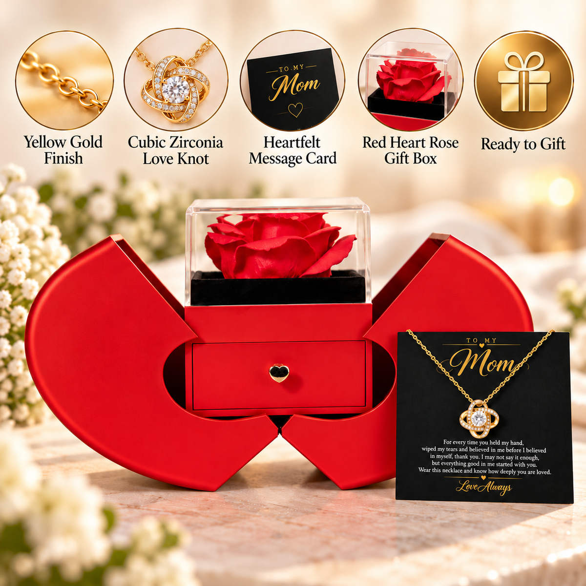 To My Mom Love Knot necklace in Heart Rose Box, Yellow Gold Finish - features