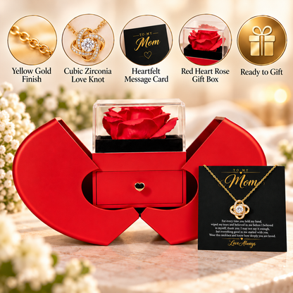 To My Mom Love Knot necklace in Heart Rose Box, Yellow Gold Finish - features