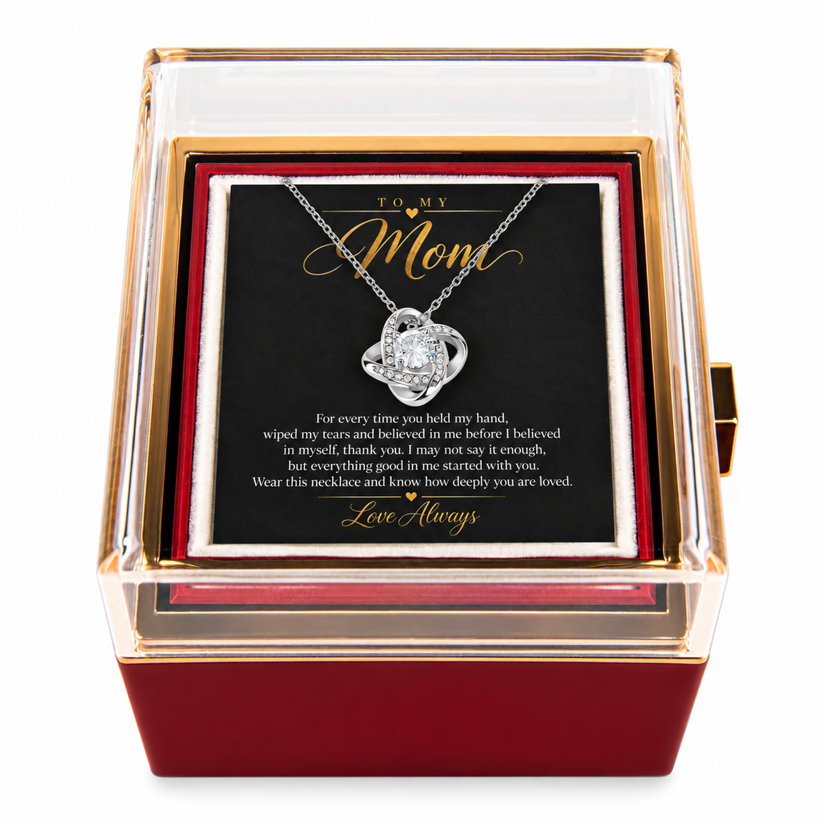 To My Mom Love Knot necklace in Rotating Rose Box, White Gold Finish - main