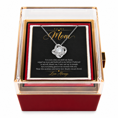 To My Mom Love Knot necklace in Rotating Rose Box, White Gold Finish - main