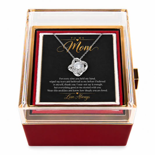 To My Mom Love Knot necklace in Rotating Rose Box, White Gold Finish - main