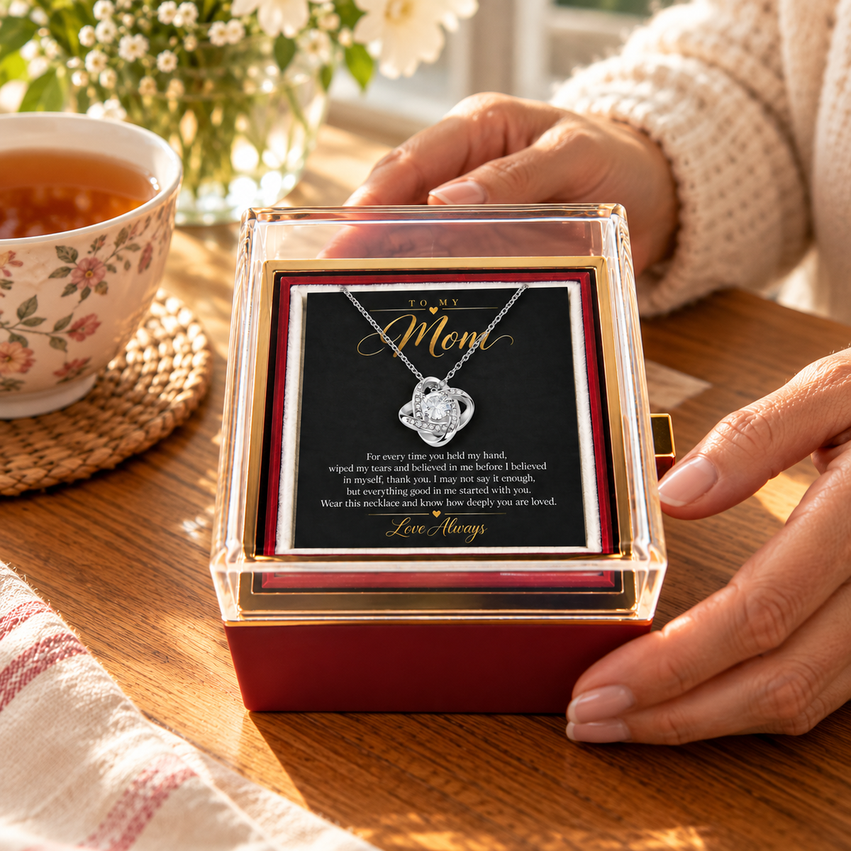 To My Mom Love Knot necklace in Rotating Rose Box, White Gold Finish - lifestyle 1