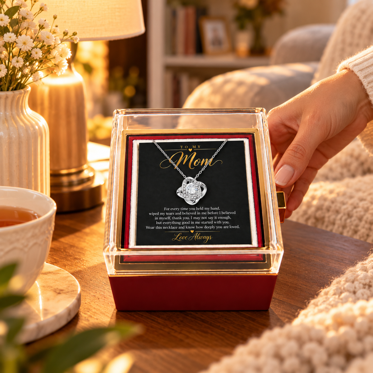 To My Mom Love Knot necklace in Rotating Rose Box, White Gold Finish - lifestyle 2