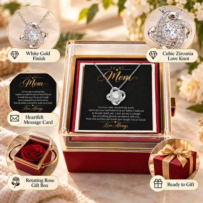 To My Mom Love Knot necklace in Rotating Rose Box, White Gold Finish - features