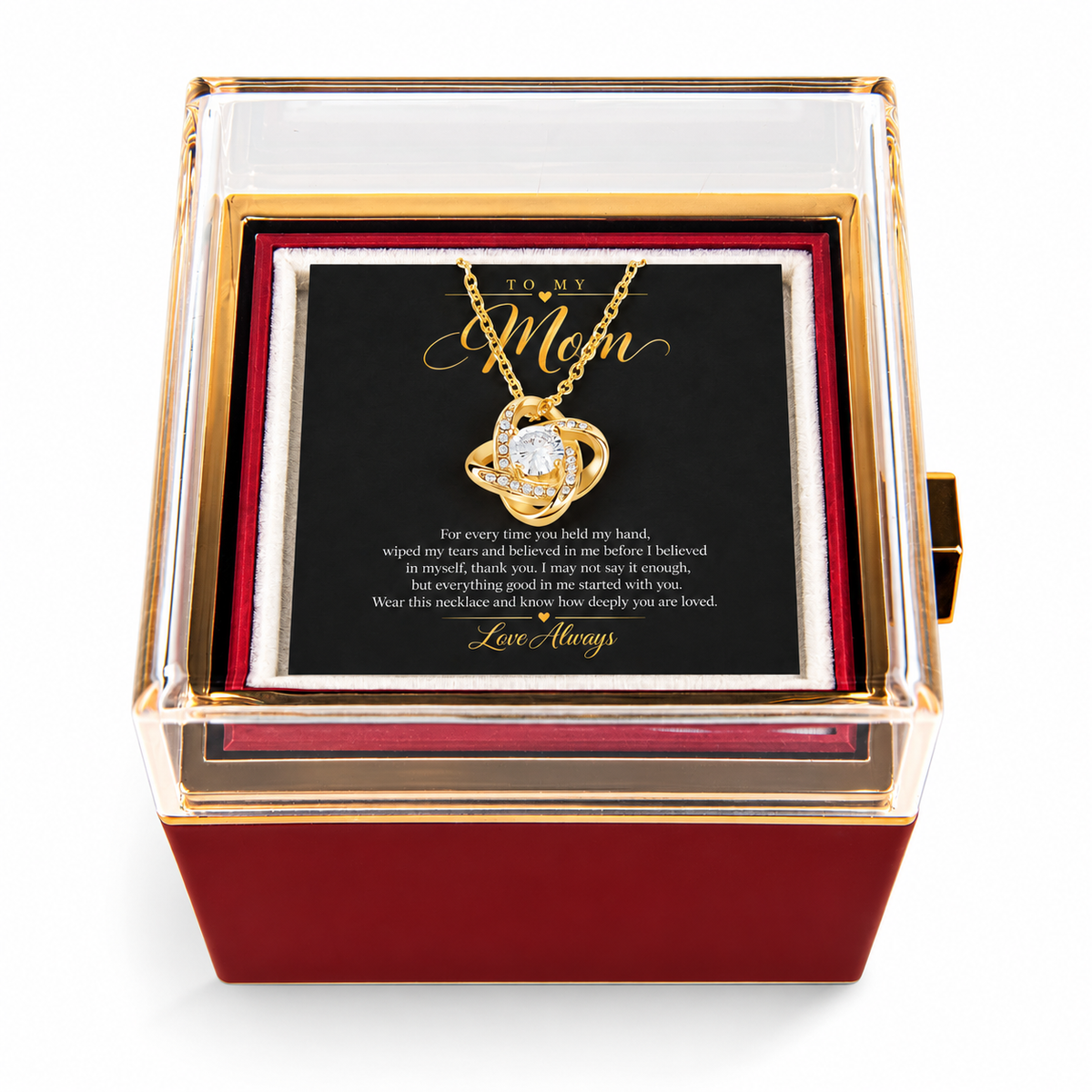 To My Mom Love Knot necklace in Rotating Rose Box, Yellow Gold Finish - main