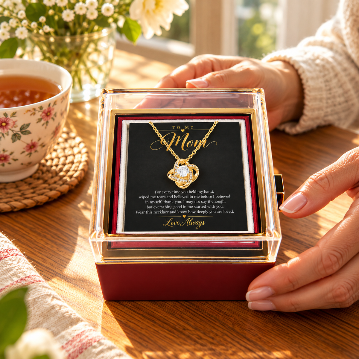 To My Mom Love Knot necklace in Rotating Rose Box, Yellow Gold Finish - lifestyle 1