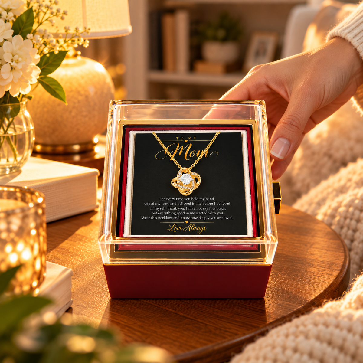 To My Mom Love Knot necklace in Rotating Rose Box, Yellow Gold Finish - lifestyle 2