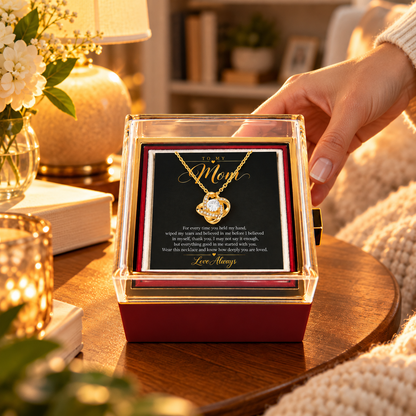 To My Mom Love Knot necklace in Rotating Rose Box, Yellow Gold Finish - lifestyle 2