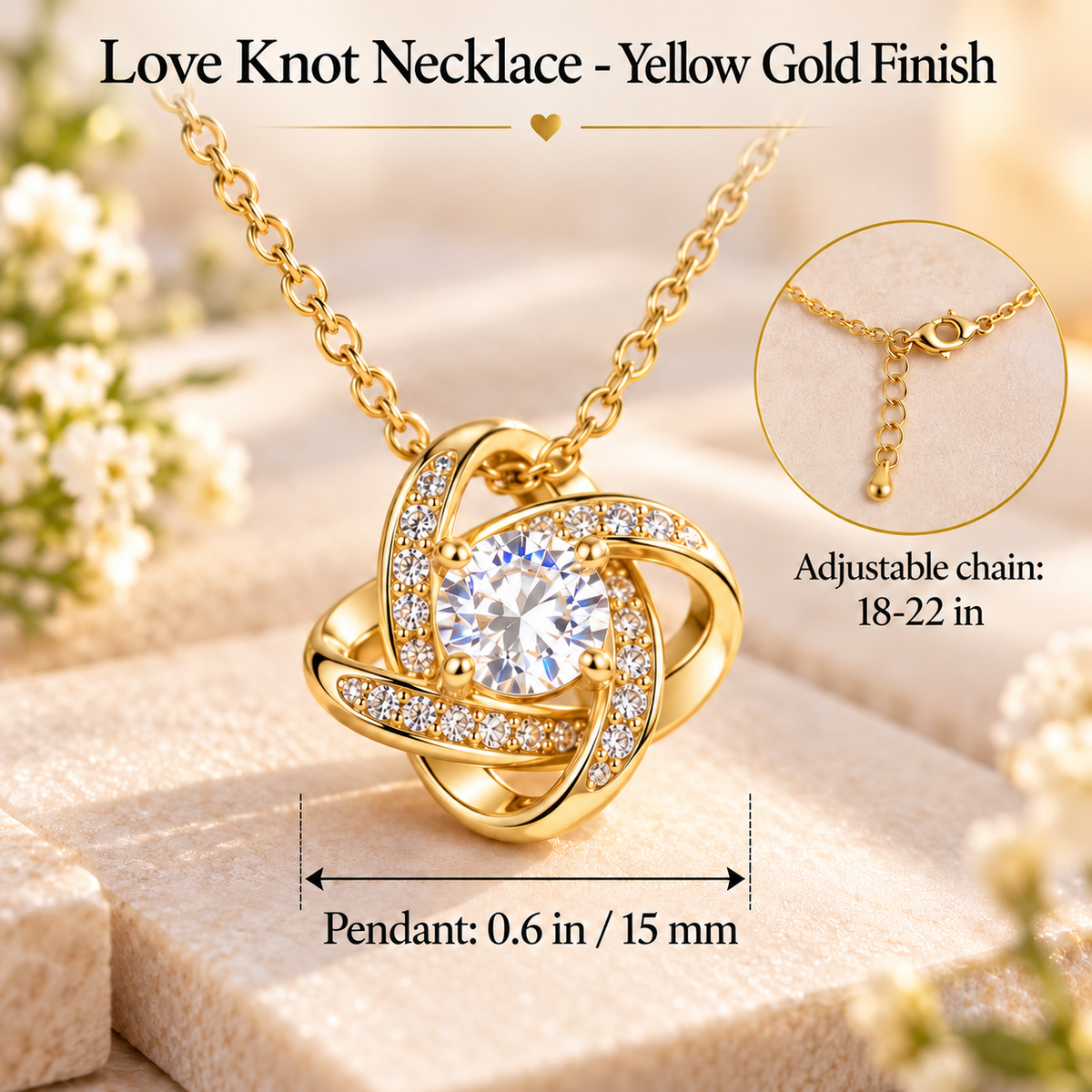 To My Mom Love Knot necklace in Rotating Rose Box, Yellow Gold Finish - close-up with size chart